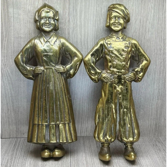 VTG Sheffield Solid Brass Dutch Boy and Girl Cast Iron Pair Andirons Gold - Picture 1 of 10